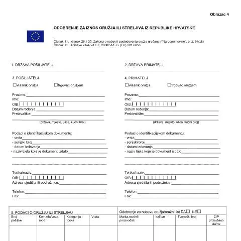 Document preview: Važnost Obrazac 4 za Iznos Oružja i Streljiva — Administrativni postupci (CERFA n°Obrazac 4)