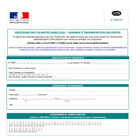 Aperçu du document Indemnisation des pertes agricoles : procédure calamités — Démarches administratives (CERFA n°13681*04)