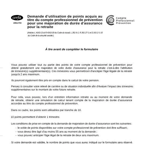 Aperçu du document Demande de majoration retraite avec les points C2P : mode d'emploi — Emploi & travail (CERFA n°15512*05)