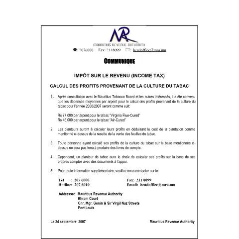 Document preview: Official Guidance on Tobacco Cultivation Profit Calculation in — Taxes (CERFA n°CommuniqueTabac)