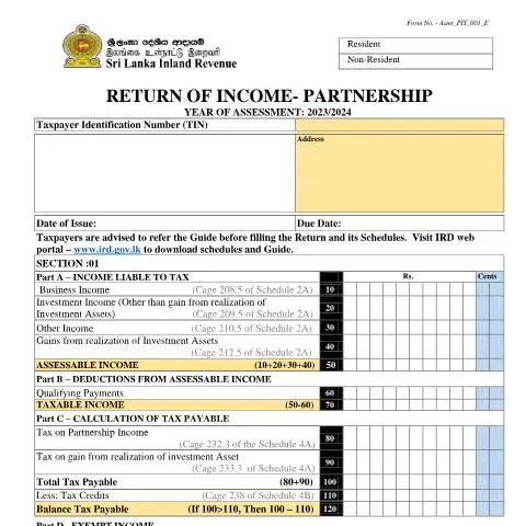 Document preview: Understanding the Return of Income for Partnerships in Sri Lanka — Taxes (CERFA n°Asmt_PIT_001_2023)