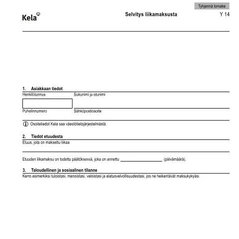 Document preview: Liikamaksun selvitys: Kela Y 14 -lomake ja ohjeet — Hallinnolliset asiat (CERFA n°Kela Y 14)