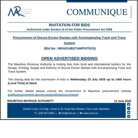 Document preview: Mauritius Revenue Authority Announces Excise Stamp Procurement — Government & admin (Communique130625)