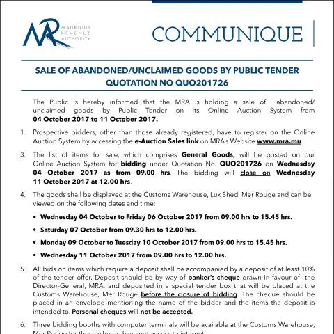 Document preview: Guide to Bidding on Abandoned Goods in Mauritius — Government & admin (CERFA n°CommuniqueQ26of2017)