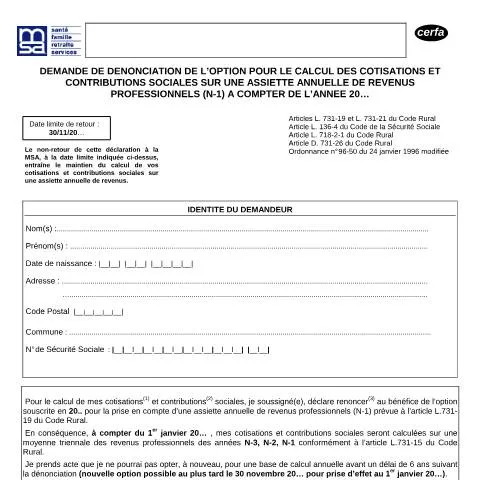 Aperçu du document Comment dénoncer l'option d'assiette annuelle des cotisations sociales — Démarches administratives (CERFA n°12481*03)