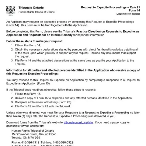 Document preview: Understanding the HRTO's Request to Expedite Proceedings (Form 14) (English / French) — Legal & justice (Form 14)