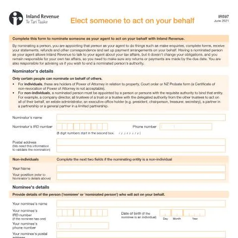 Document preview: Understanding the IR597 Form for Appointing a Tax Agent in New Zealand — Taxes (CERFA n°IR597)