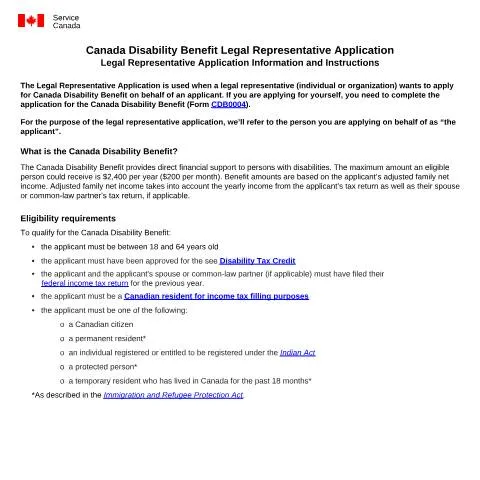 Document preview: Guide to the Canada Disability Benefit Legal Representative — Benefits & social aid (CERFA n°CDB0005)