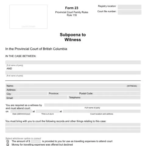 Document preview: Guide to Subpoena to Witness (PFA 748) in British Columbia — Legal & justice (PFA 748)