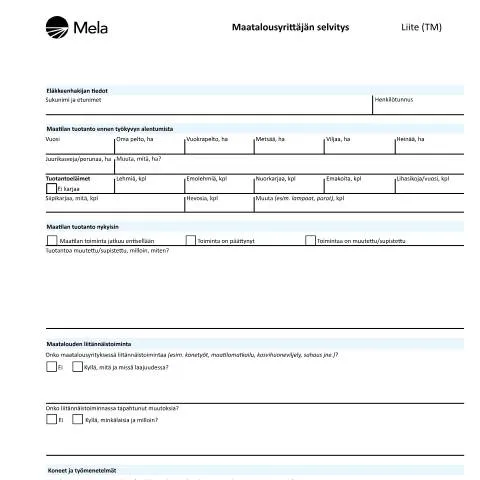 Document preview: Maatalousyrittäjän selvitys ja sen tärkeys — Hallinnolliset asiat (CERFA n°Kela 1801 Mela)