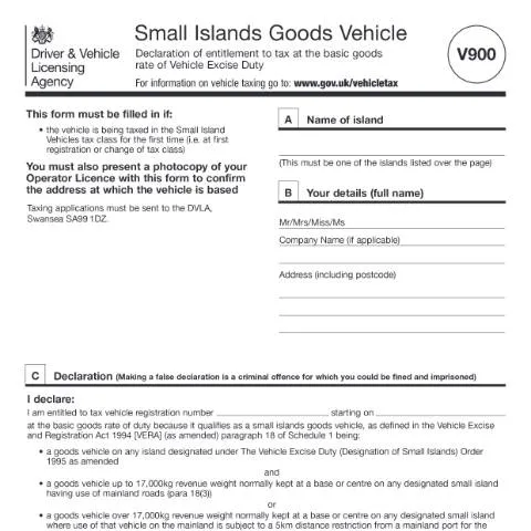 Document preview: Small Islands Goods Vehicle Tax Declaration: V900 Form Requirements — Vehicle & driving