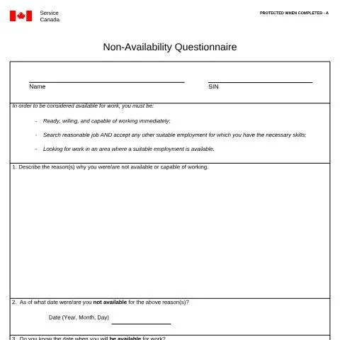 Document preview: Navigating the Non-Availability Questionnaire for EI Benefits — Work & employment (CERFA n°INS5237)