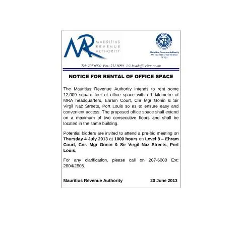 Document preview: Mauritius Revenue Authority Announces Office Space Rental — Property & real estate (CERFA n°CommuniqueRentalOfficeSpace2013)