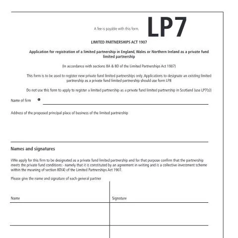 Document preview: Private Fund Limited Partnership Registration: LP7 Application Guide — Business