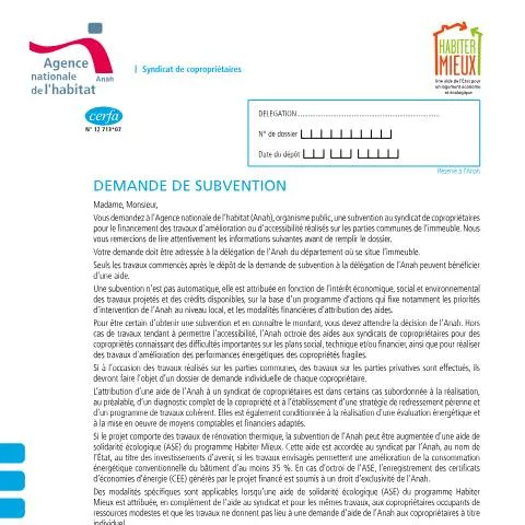 Aperçu du document Subvention Anah copropriété : mode d'emploi du formulaire 12713*07 — Urbanisme & travaux (CERFA n°12713*07)
