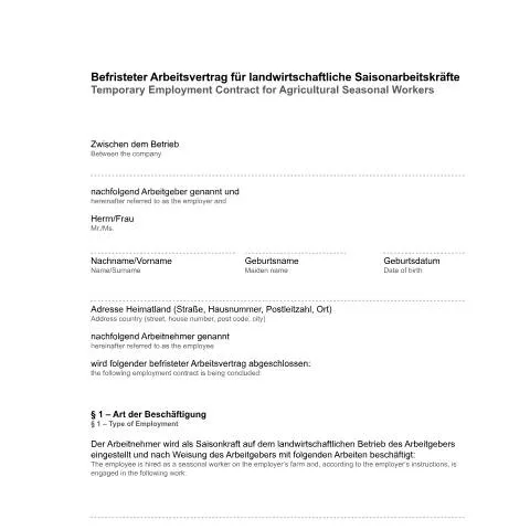 Dokumentvorschau: Muster-Arbeitsvertrag für landwirtschaftliche Saisonkräfte — Arbeit & Beschäftigung (CERFA n°en-formular-musterarbeitsvertrag-landwirtschaft_ba034940)