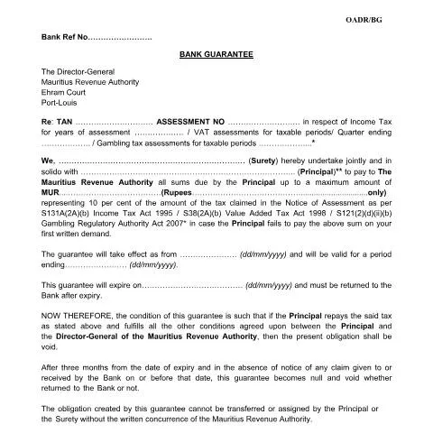Document preview: Navigating the Bank Guarantee - OADR/BG in Mauritius — Government & admin (CERFA n°BankGuaranteeSpecimen300615)