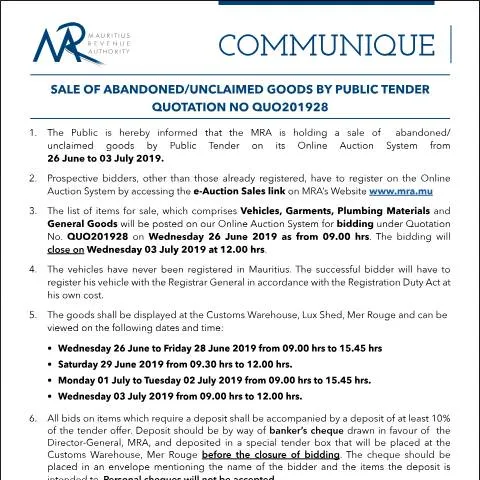 Document preview: Understanding Public Tender Sales of Unclaimed Goods — Government & admin (Communique28of2019)