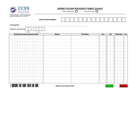Aperçu du document Comprendre la Arbeitsunfähigkeitsmeldung au Luxembourg — Santé (CERFA n°ccss-formulaire-empl-incapacite-travail)