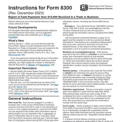 Document preview: Navigating IRS Form 8300 for Cash Transactions — Taxes (CERFA n°INST-8300)