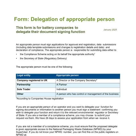 Document preview: Delegating Approved Person Authority for Battery Waste Compliance — Government & admin