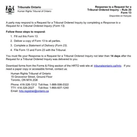 Document preview: Responding to a Tribunal Ordered Inquiry under Rule 20 (English / French) — Legal & justice (Form 13)
