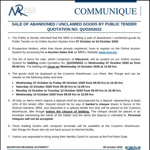 Document preview: Mauritius Public Tender for Unclaimed Goods Sale — Government & admin (CERFA n°CommuniqueQ202022)