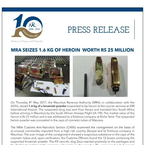 Document preview: MRA's Key Role in Drug Seizures Highlighted — Government & admin (PressRelease170517)