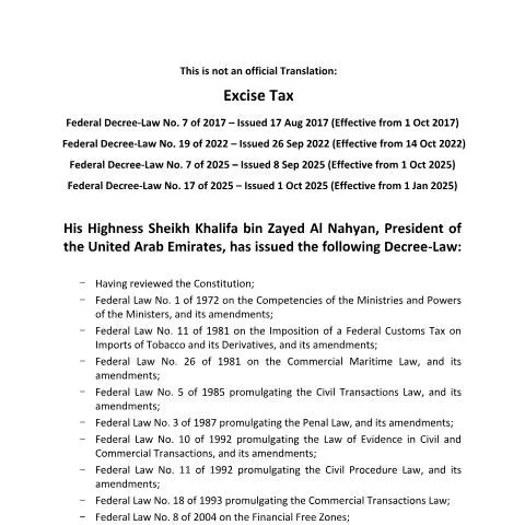 Document preview: Understanding UAE Federal Decree-Law No 7 of 2017 and Its Amendments — Taxes (CERFA n°Federal Decree-Law No. 7 of 2017)