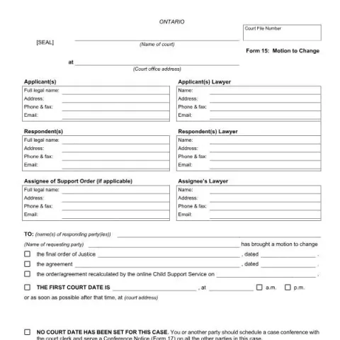 Document preview: Understanding Ontario Courts Form 15: Motion to Change — Legal & justice (FLR 15)