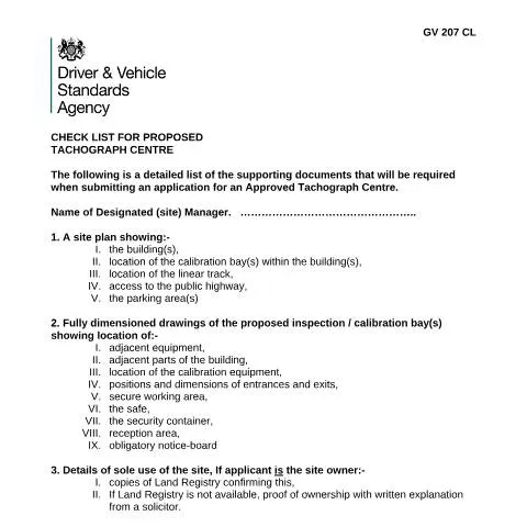 Document preview: Essential Checklist for Opening an Approved Tachograph Centre — Vehicle & driving
