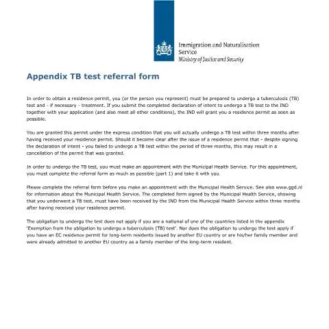 Documentvoorvertoning: Belang van het Appendix TB test verwijsformulier in Nederland — Immigratie & visa (CERFA n°7604)