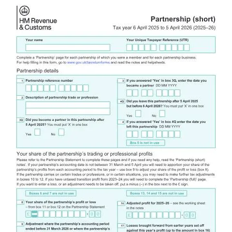Document preview: SA104S Partnership Short Form: UK Self Assessment Requirements — Taxes