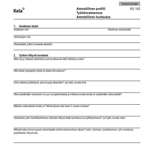 Document preview: Työhönvalmennus ja ammatillinen kuntoutus Kela KU 142 — Terveys (CERFA n°Kela KU 142)