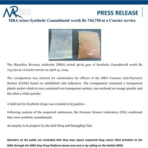 Document preview: MRA's Significant Seizure of Synthetic Cannabinoids at Courier Service — Government & admin (PressRelease2070225)