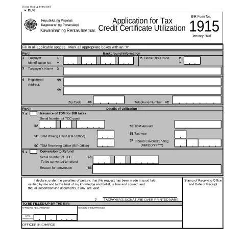 Document preview: Understanding BIR Form No. 1915 for Tax Credit Utilization — Taxes (CERFA n°1915)