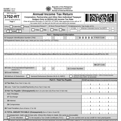 Document preview: Understanding BIR Form No. 1702-RT for Corporations and Partnerships — Taxes (CERFA n°1702-RT)