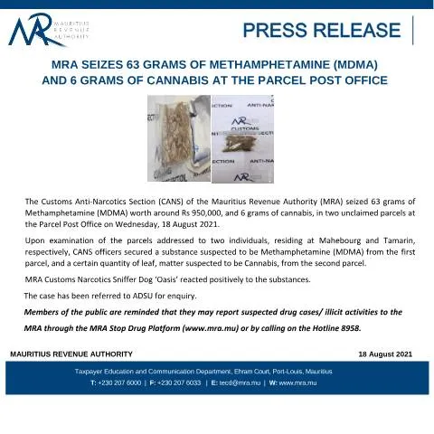 Document preview: Significant Drug Seizure by MRA: Details on MDMA and Cannabis — Government & admin (DrugSeizure180821)