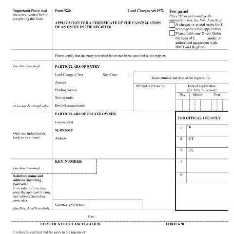 Document preview: Understanding the K20 Certificate of Cancellation for Land Charges — Property & real estate