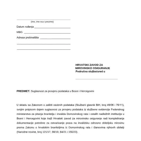 Document preview: Suglasnost za provjeru podataka HVO - ključni dokument za mirovinsko — Mirovina i penzija (CERFA n°Suglasnost_za_provjeru_podataka-HVO)
