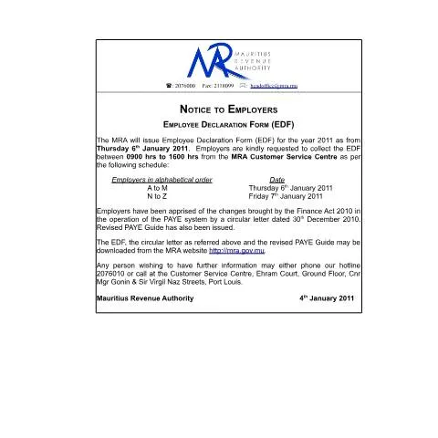 Document preview: Mauritius 2011 Employee Declaration Form Distribution Overview — Government & admin (CERFA n°CommuniqueEDF2011)