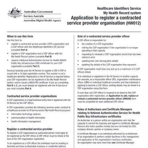 Document preview: Understanding the HW012 Form for My Health Record Registration — Health (CERFA n°HW012)