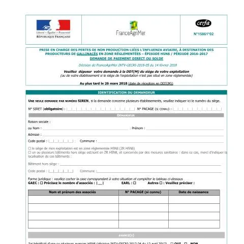 Aperçu du document Compensation des pertes H5N8 : guide du dispositif d'indemnisation — Démarches administratives (CERFA n°15861*02)