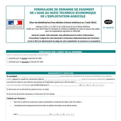 Aperçu du document Aide financière pour le suivi technico-économique agricole — Démarches administratives (CERFA n°16016*02)