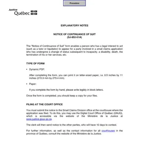 Document preview: Understanding the Notice of Continuance of Suit Form in Quebec — Legal & justice (SJ-852-01A)