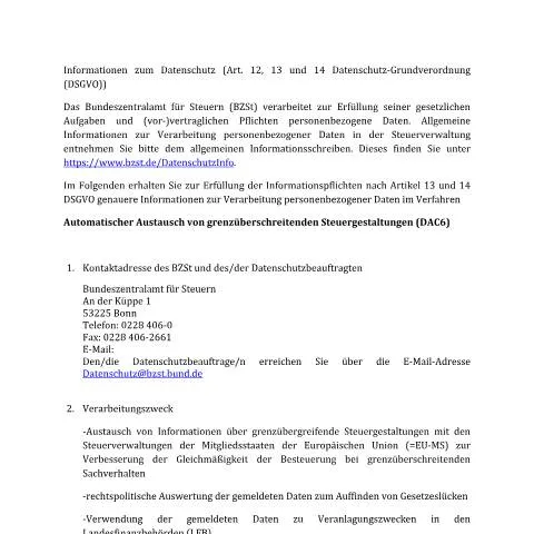 Dokumentvorschau: Meldung grenzüberschreitender Steuergestaltungen mit Formular DAC6 — Behörden & Verwaltung (CERFA n°Produktsteckbrief_DAC6)