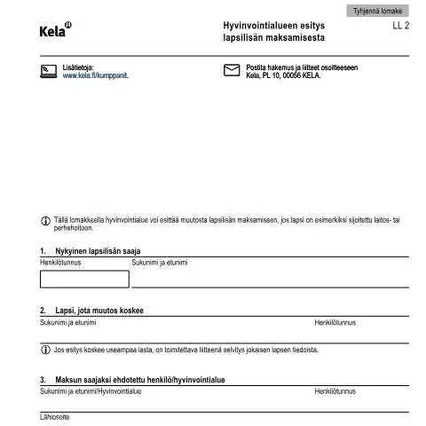 Document preview: Lapsilisän maksamisen muutokset ja lomake LL 2 — Hallinnolliset asiat (CERFA n°Kela LL 2)