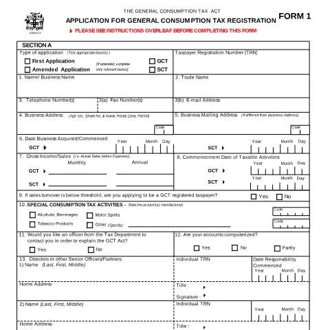 Document preview: Jamaica Form 1: Application for GCT Registration — Taxes (CERFA n°form1)