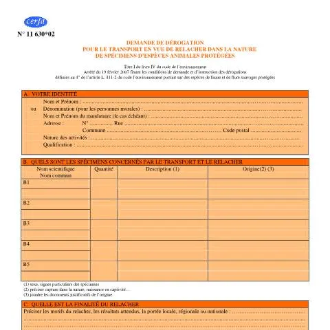 Aperçu du document Autorisation de transport d'espèces animales protégées pour relâcher — Démarches administratives (CERFA n°11630*02)