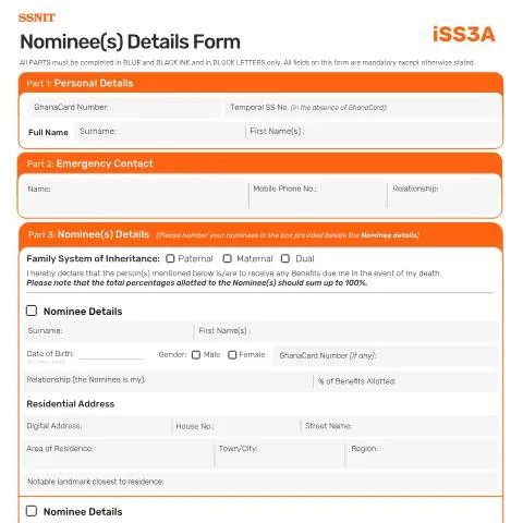 Document preview: Understanding the Nominee(s) Details Form in Ghana's Social Security — Benefits & social aid (CERFA n°ISS3A)